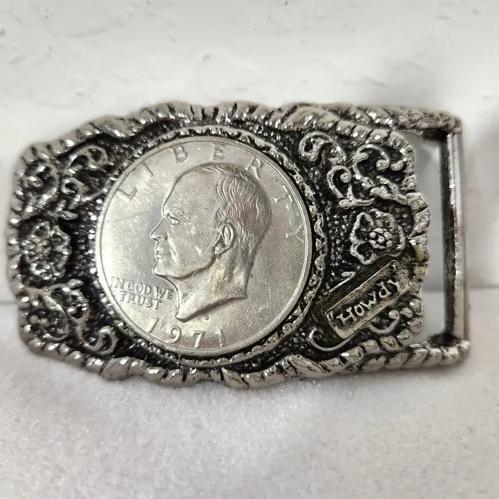 Howdy 1971 Eisenhower Dollar Coin Vintage Western 3.5x2 Belt Buckle
